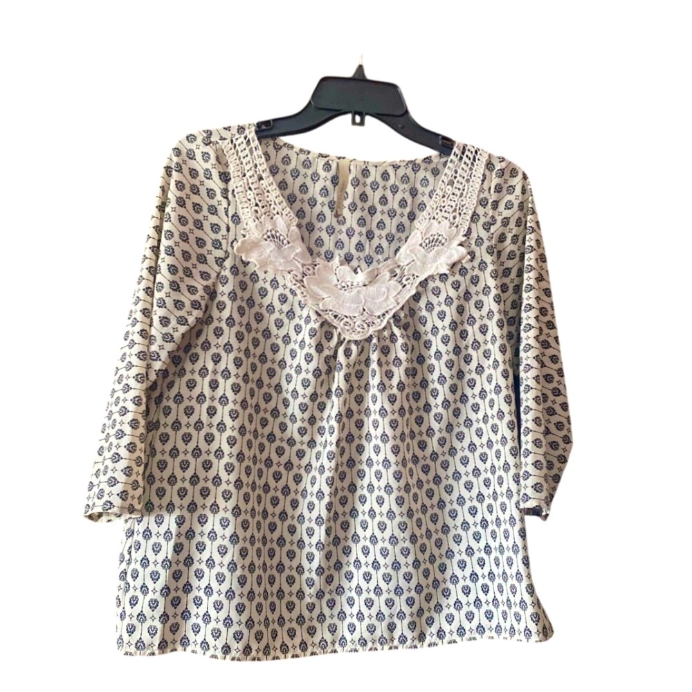 Paper Crane Floral Blouse Crochet Trim 3/4 Sleeve‎ Top Bohemian Chic Size M